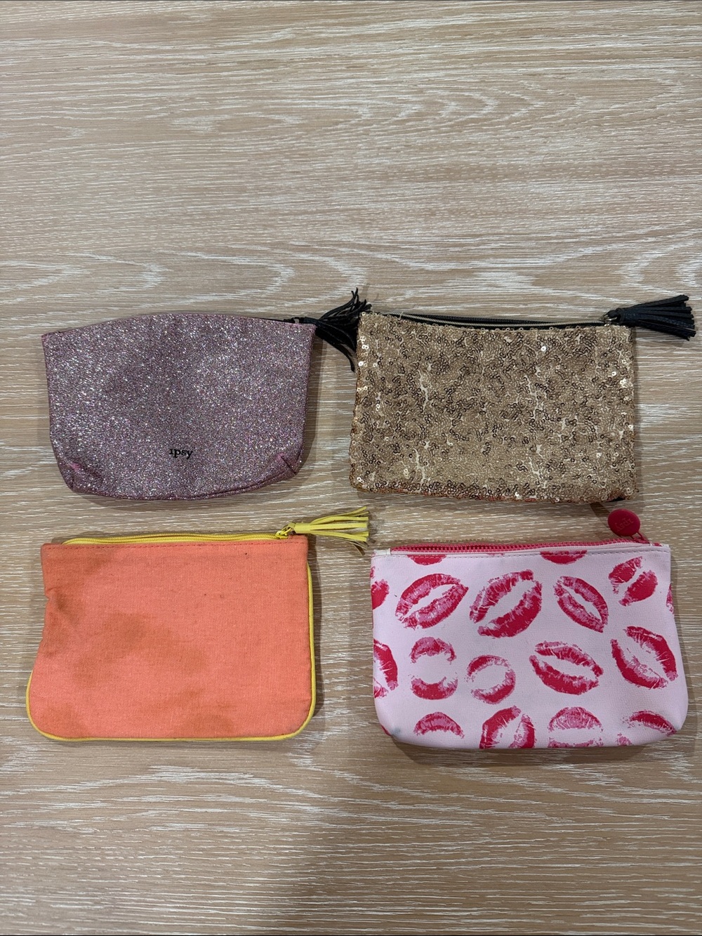 Set of 4 IPSY Cosmetic Pouches - Glitter, Sequin, Orange, Lip Print
